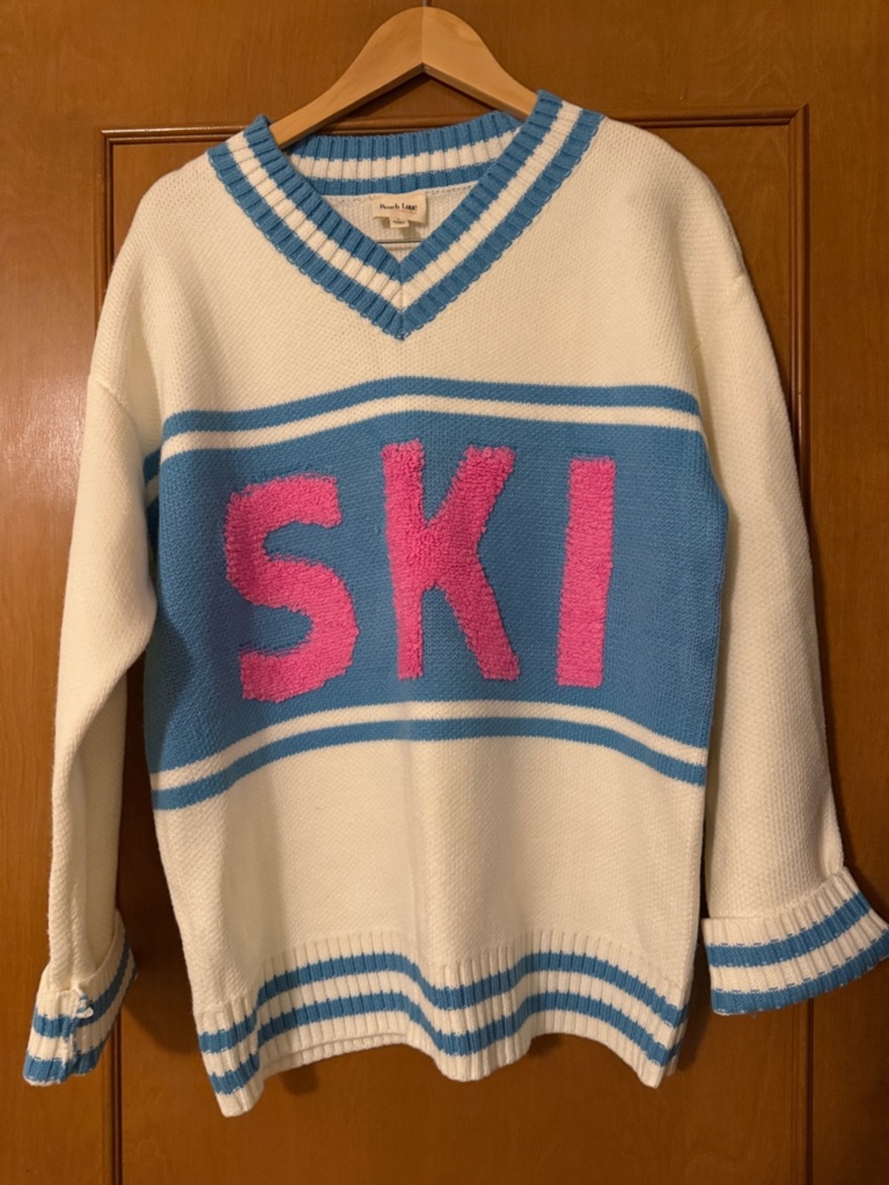 Peach Love California White, Blue & Pink 'SKI' V-Neck Sweater